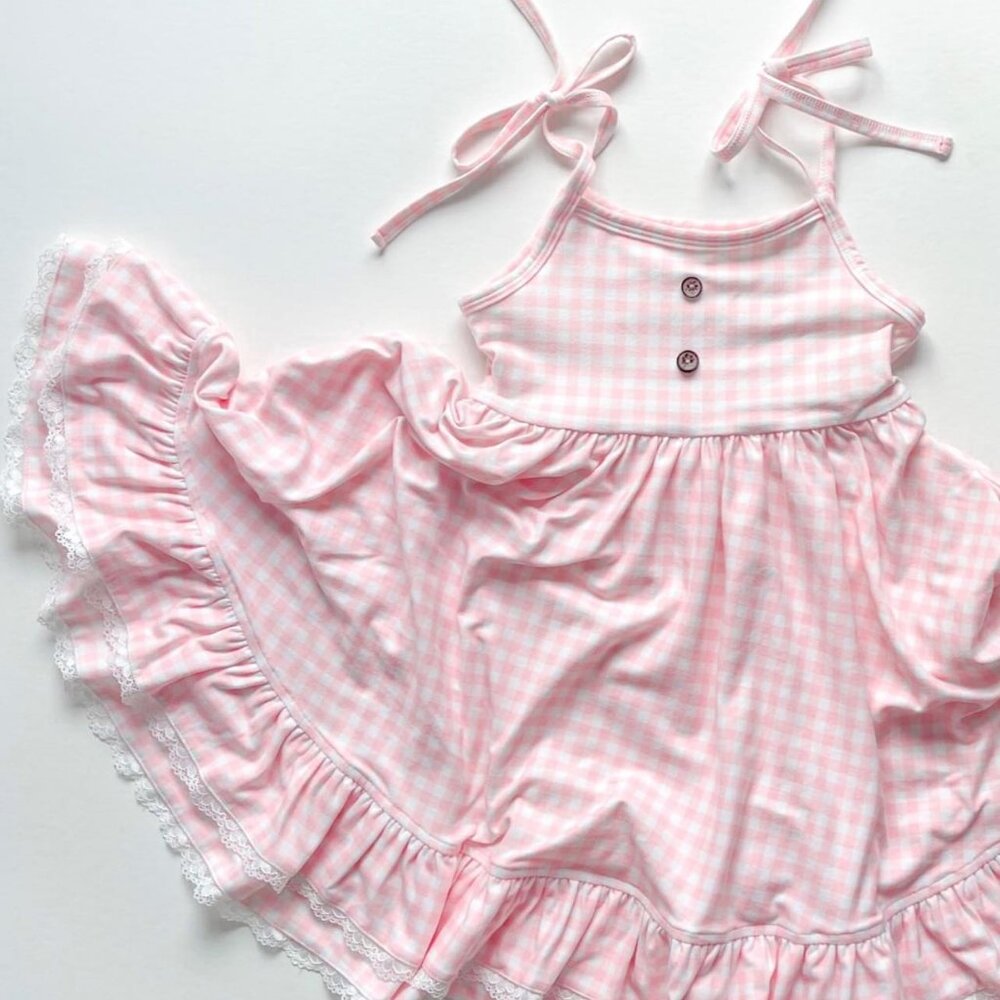 NWOT Jane + Jo Light Pink Gingham Sleeveless Tie Strap Dress